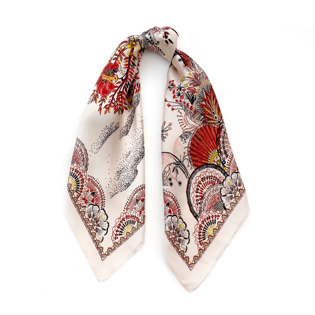 ivory beige mulberry silk scarf with orange floral print displayed on the white background