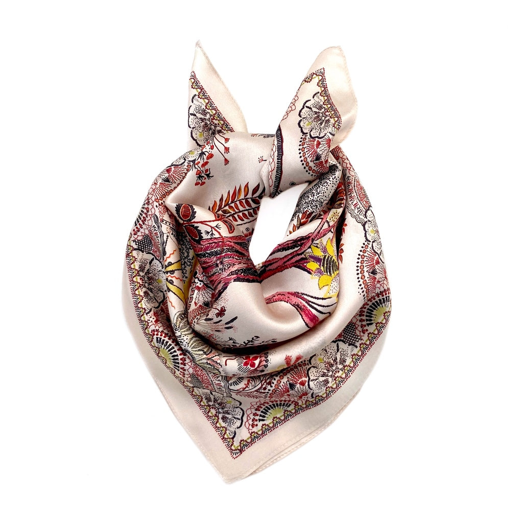 ivory beige mulberry silk square neck scarf displayed on a white background