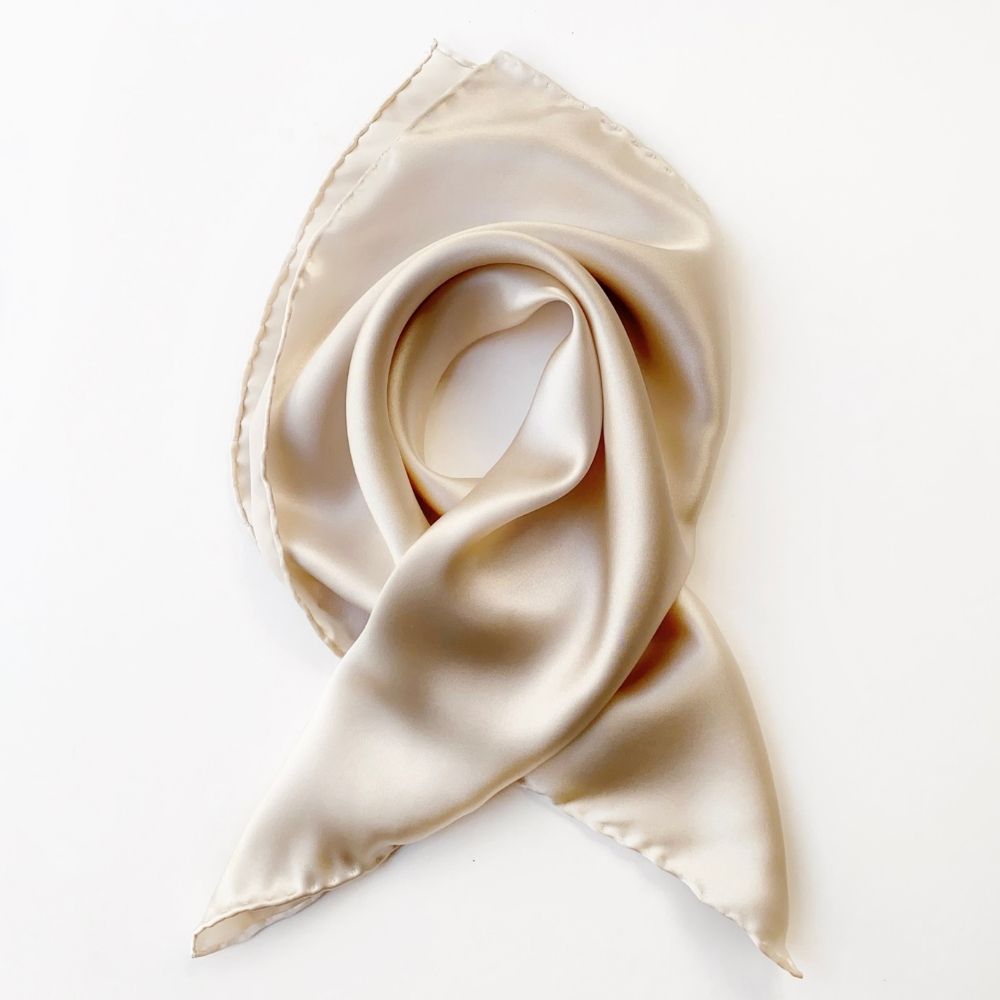 Pearl Cream 52cm Mulberry Silk Satin Square Scarf styled in a loose swirl on white background