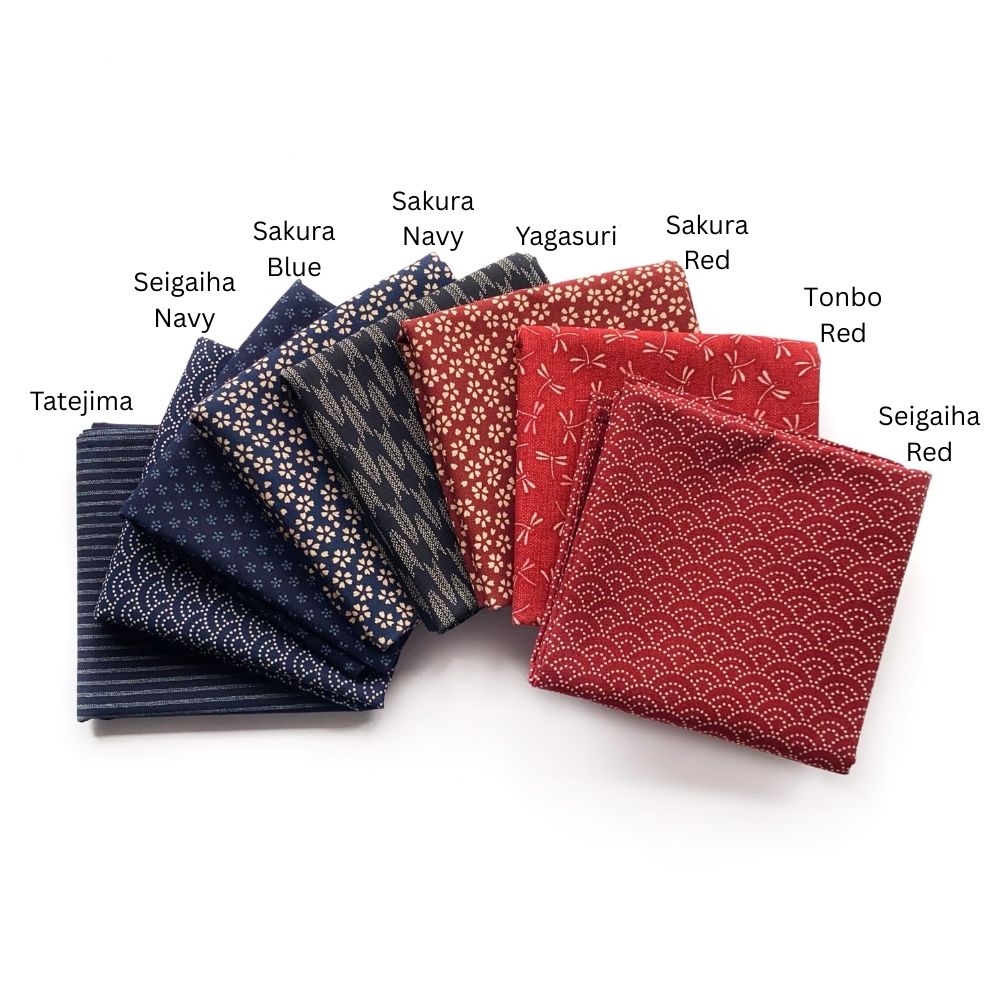 Set of Japanese cotton fabric bandana square scarves with various patterns and colors on a white background