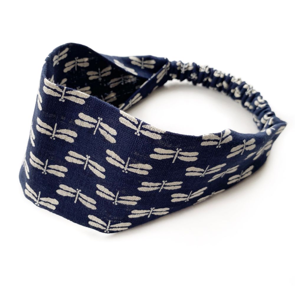 navy blue dragonfly pattern cotton headband