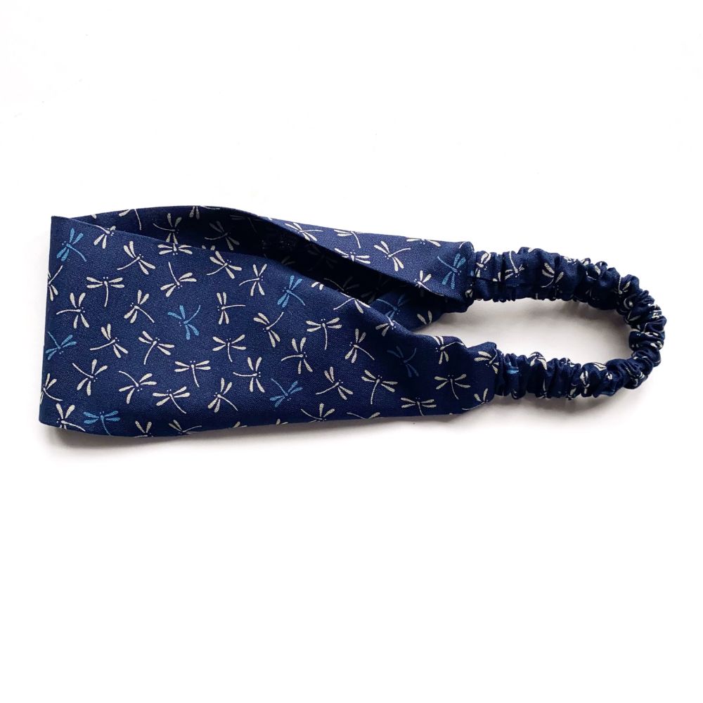 navy blue dragonfly print cotton headband