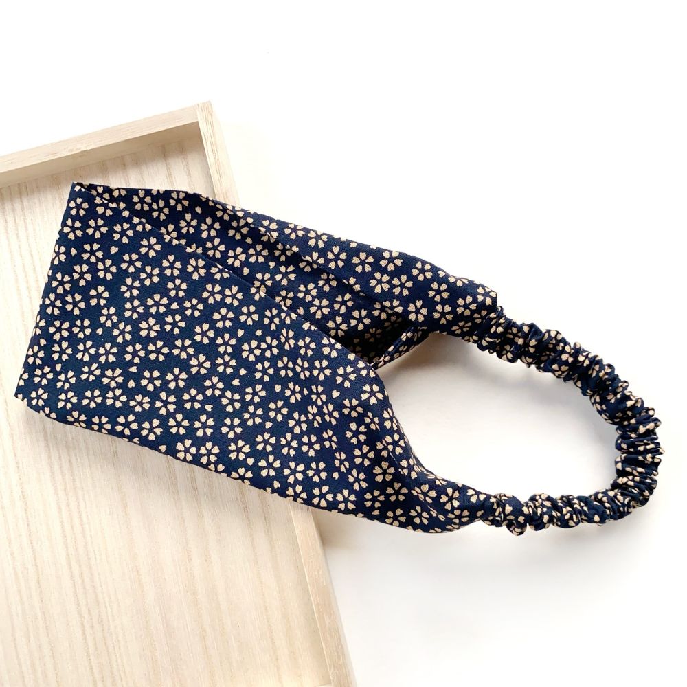 navy blue floral print cotton hair band