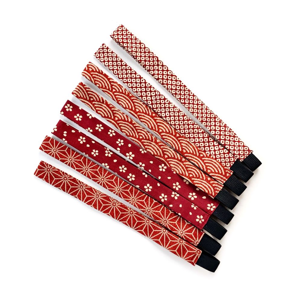 Set of red Japanese patterned cotton skinny headbands on a white background