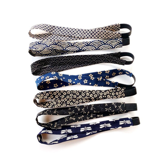 Set of six Japanese patterned skinny cotton headbands on a white background