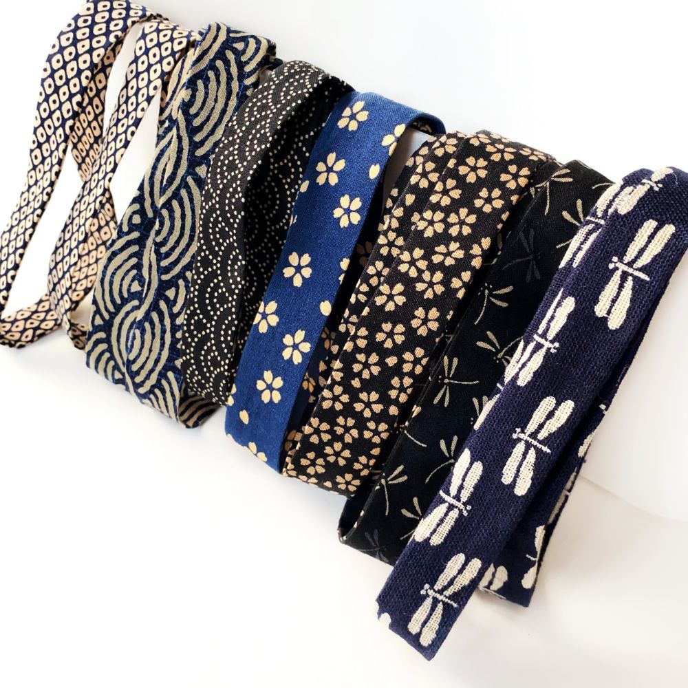 set of Japanese patterned cotton skinny headbands on a white background 