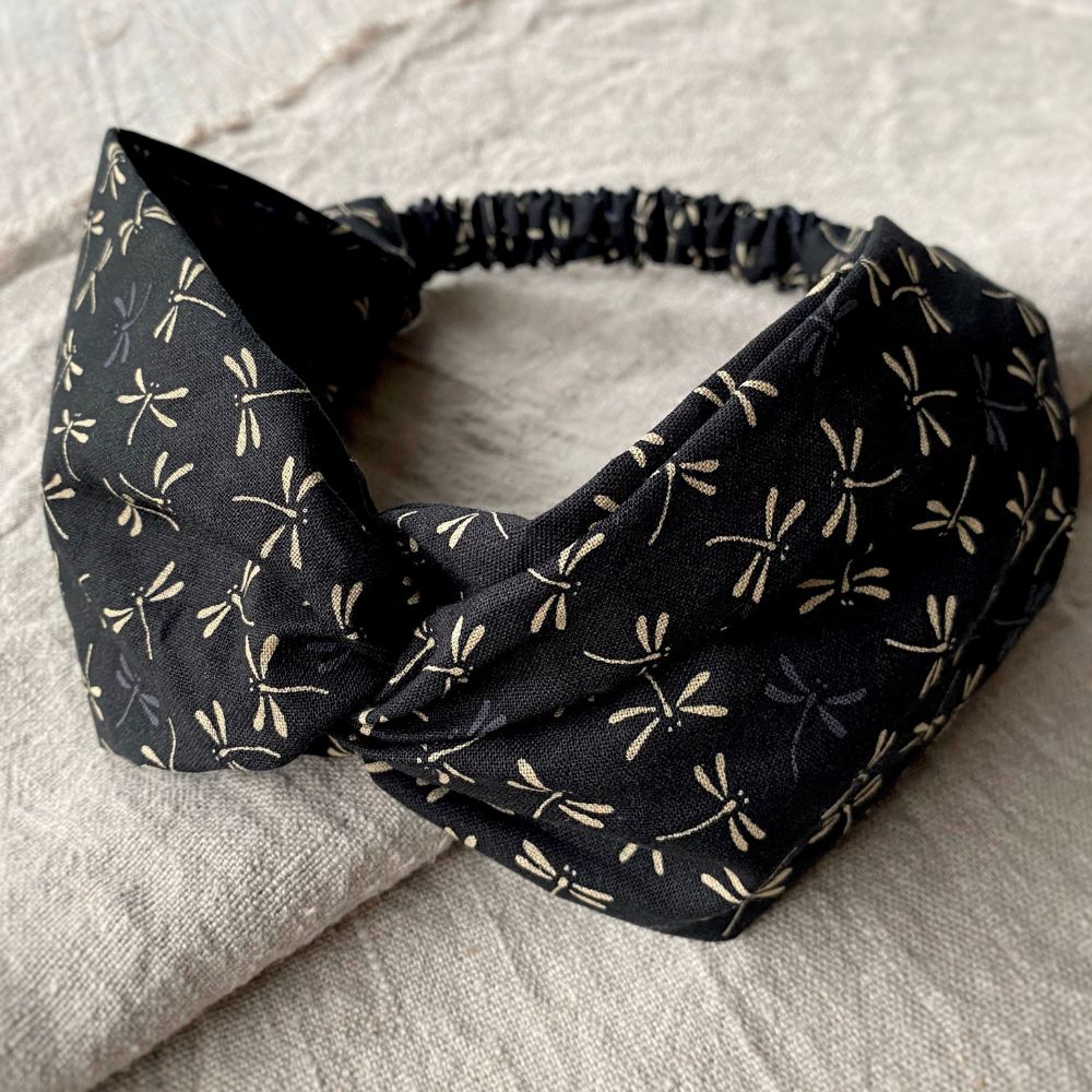 black dragonfly twisted Japanese cotton fabric headband