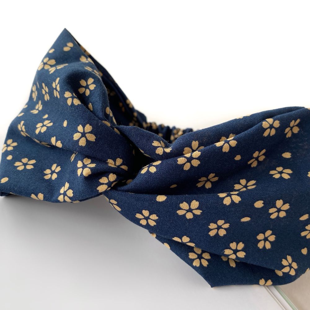 blue sakura print twisted Japanese cotton fabric headband
