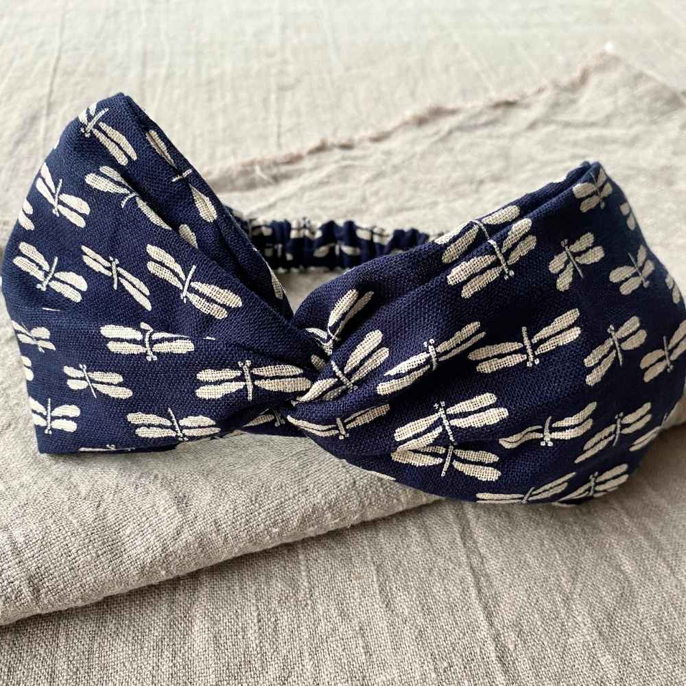 navy blue dragonfly print twisted Japanese cotton headband