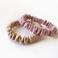 khaki and mauve mulberry silk skinny scrunchies and hair ties