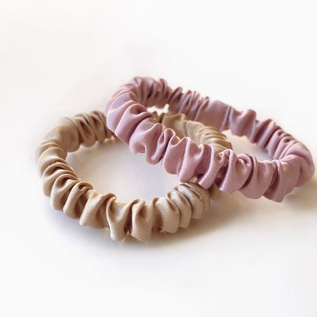 khaki and mauve mulberry silk skinny scrunchies and hair ties