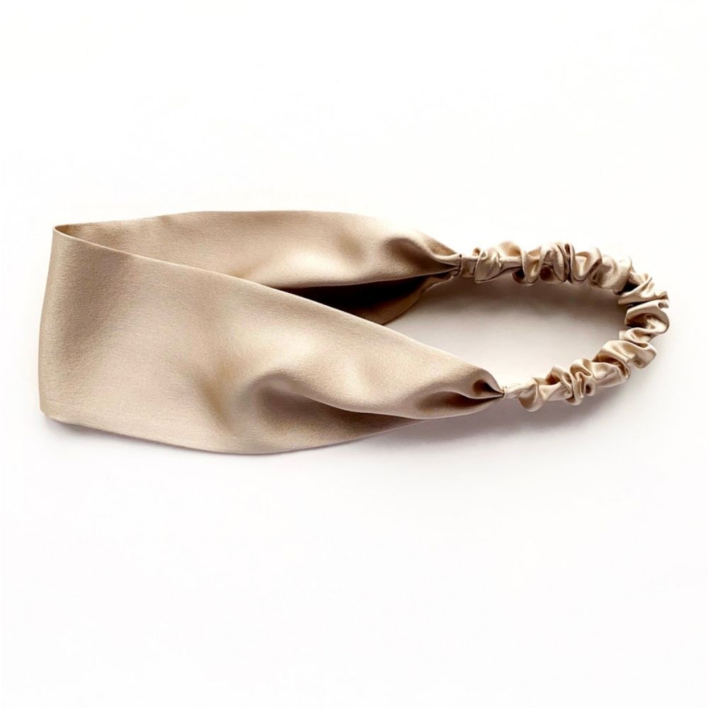 Handmade khaki mulberry silk headband by River Minami.