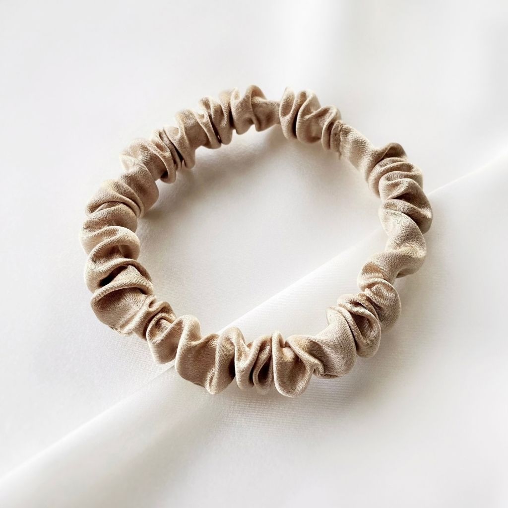 khaki mulberry silk satin skinny scrunchie  hair tie