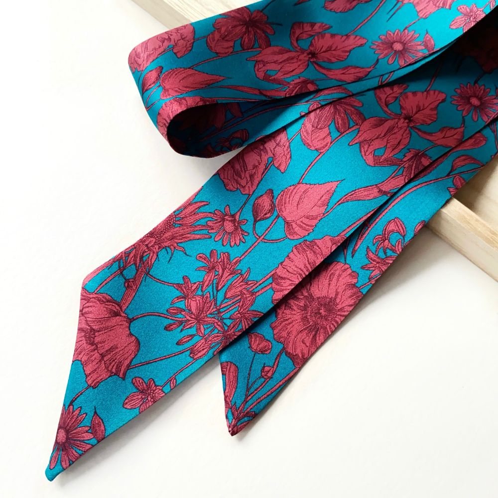 teal blue floral liberty london silk twilly scarf