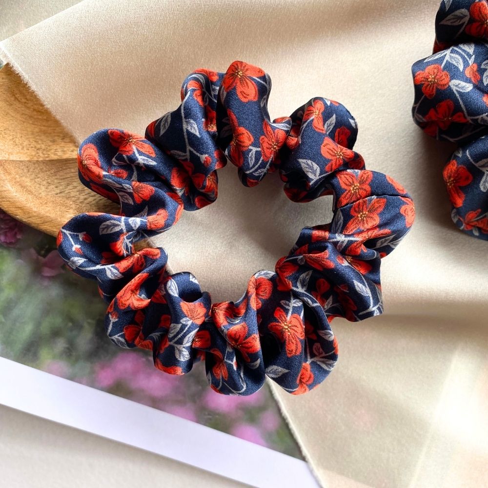 Liberty silk satin scrunchie in peach blossom print