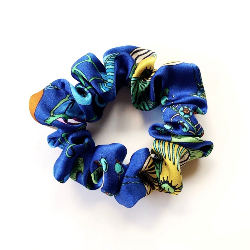 liberty silk scrunchie in blue and yellow