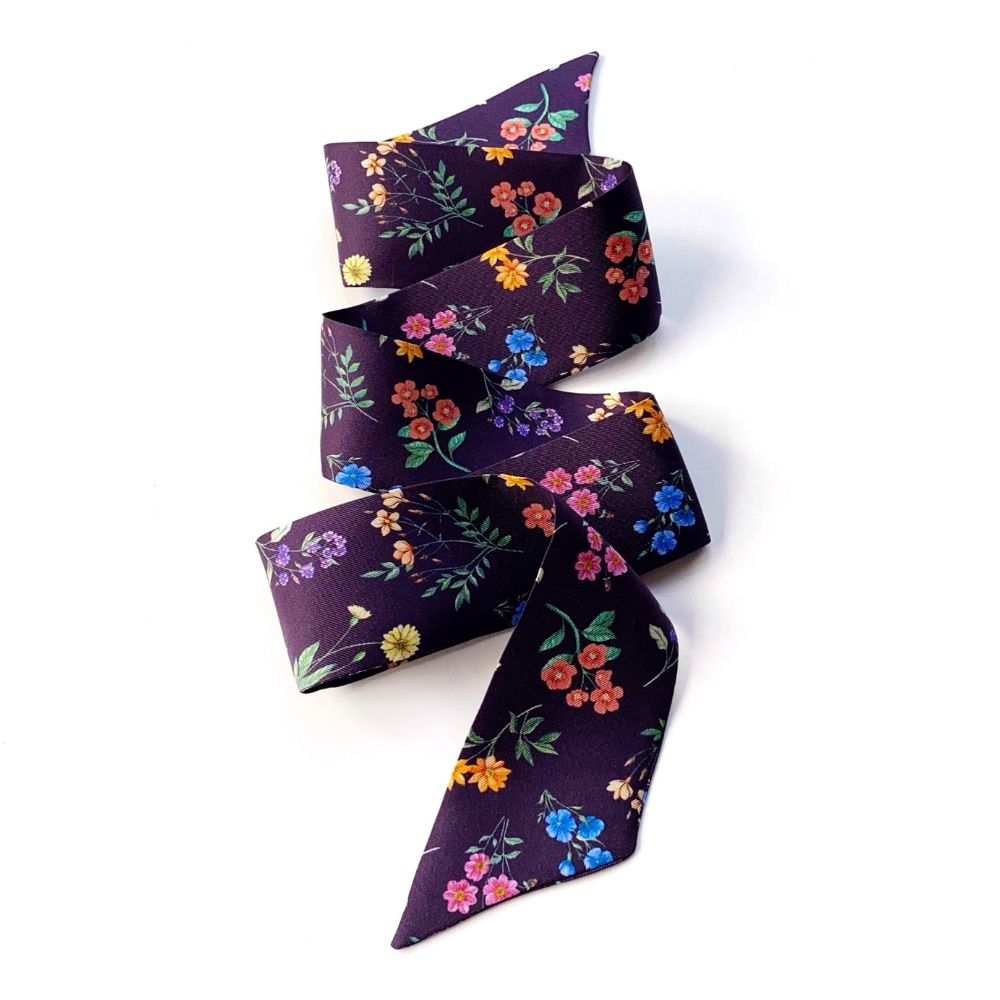 dark purple floral Liberty London silk twilly scarf