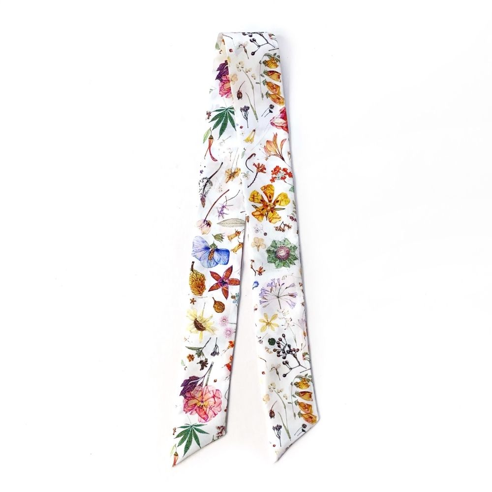 white floral Liberty London silk twilly scarf