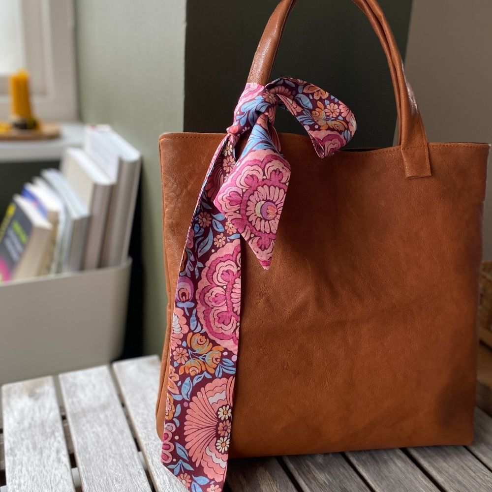 red marron floral Liberty London silk twilly handbag scarf
