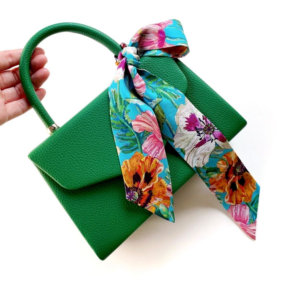 blue and orange pink poppy floral Liberty London silk twilly handbag scarf