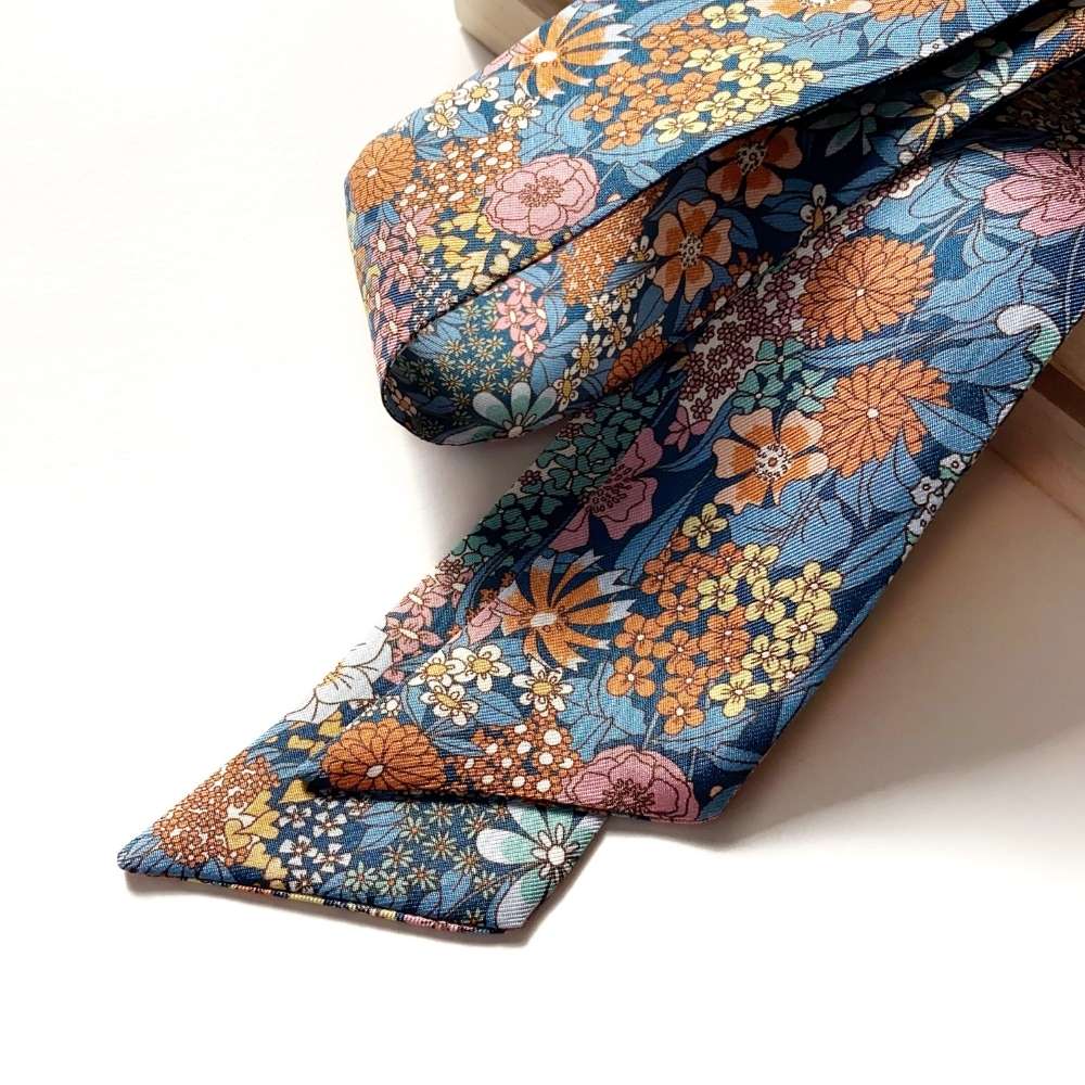 blue and orange floral ciara print Liberty London silk twilly scarf