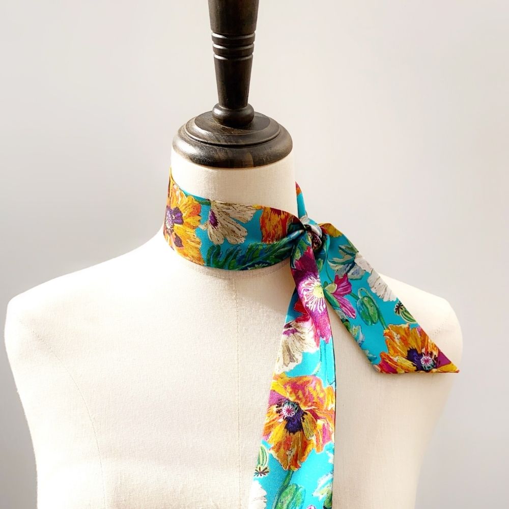 blue and orange floral Liberty London silk skinny neck scarf