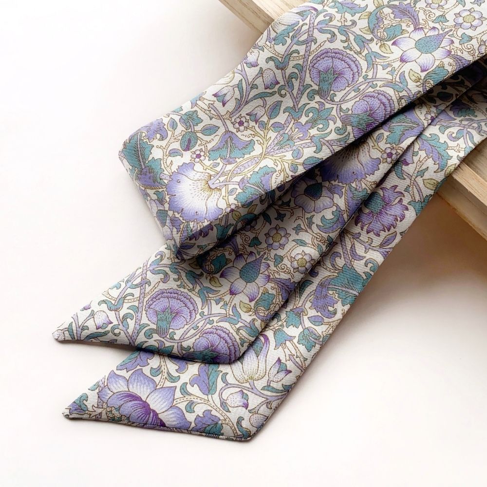 lilac Lodden print Liberty London silk twilly scarf