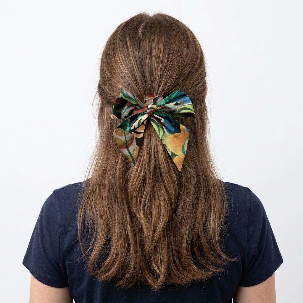 A woman viewed from the back wearing a navy blue T-shirt and a green Liberty Tana Lawn skinny hair scarf with a tropical leaf print, tied into a bow, set against a plain white background.