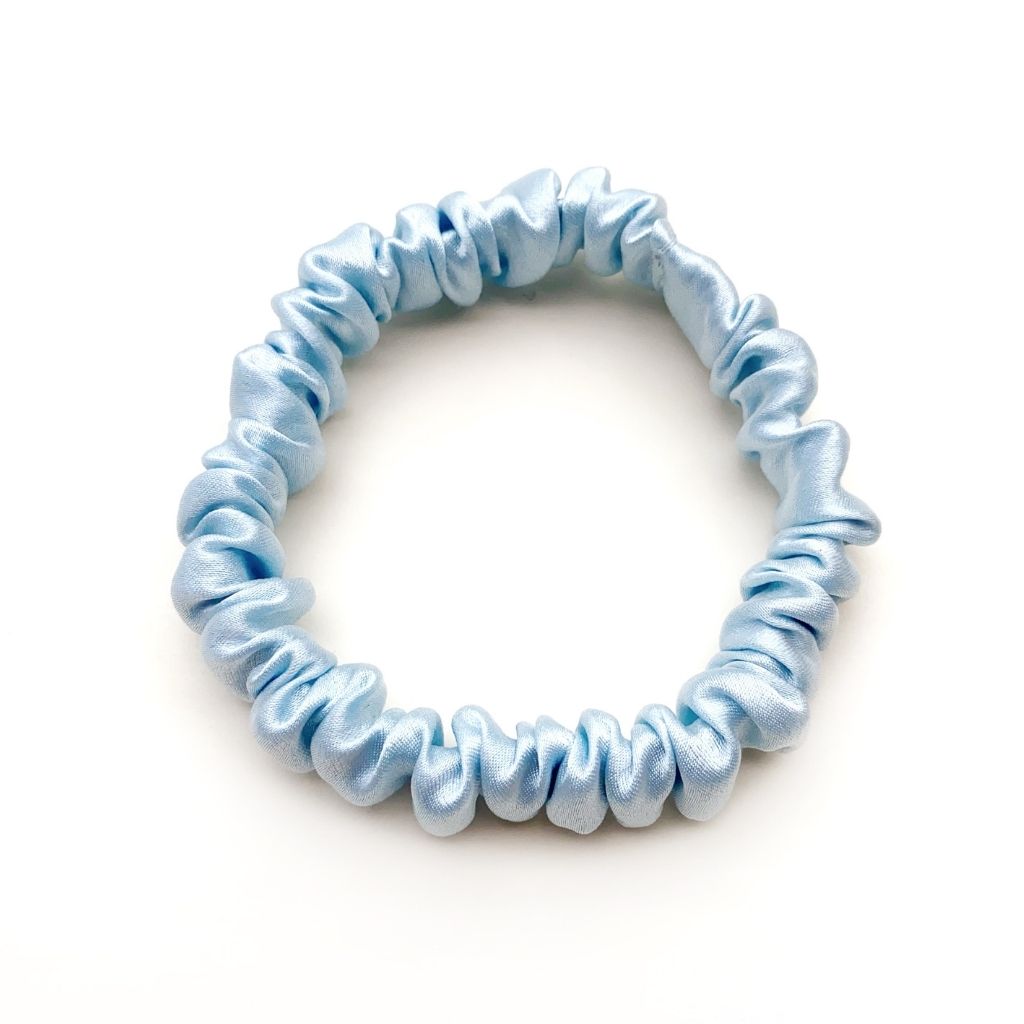 pastel blue mulberry silk satin skinny scrunchie  hair tie