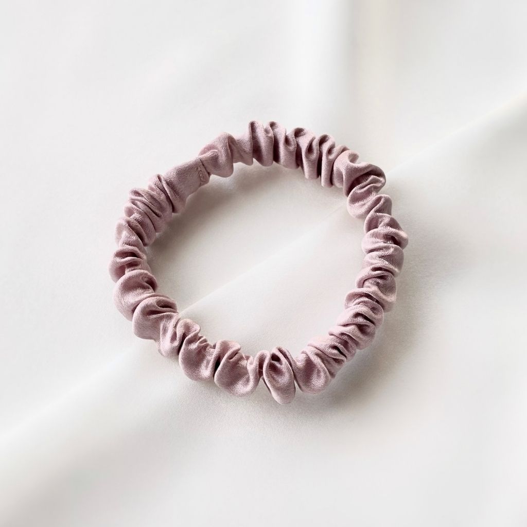 mauve dusty rose mulberry silk satin skinny scrunchie  hair tie