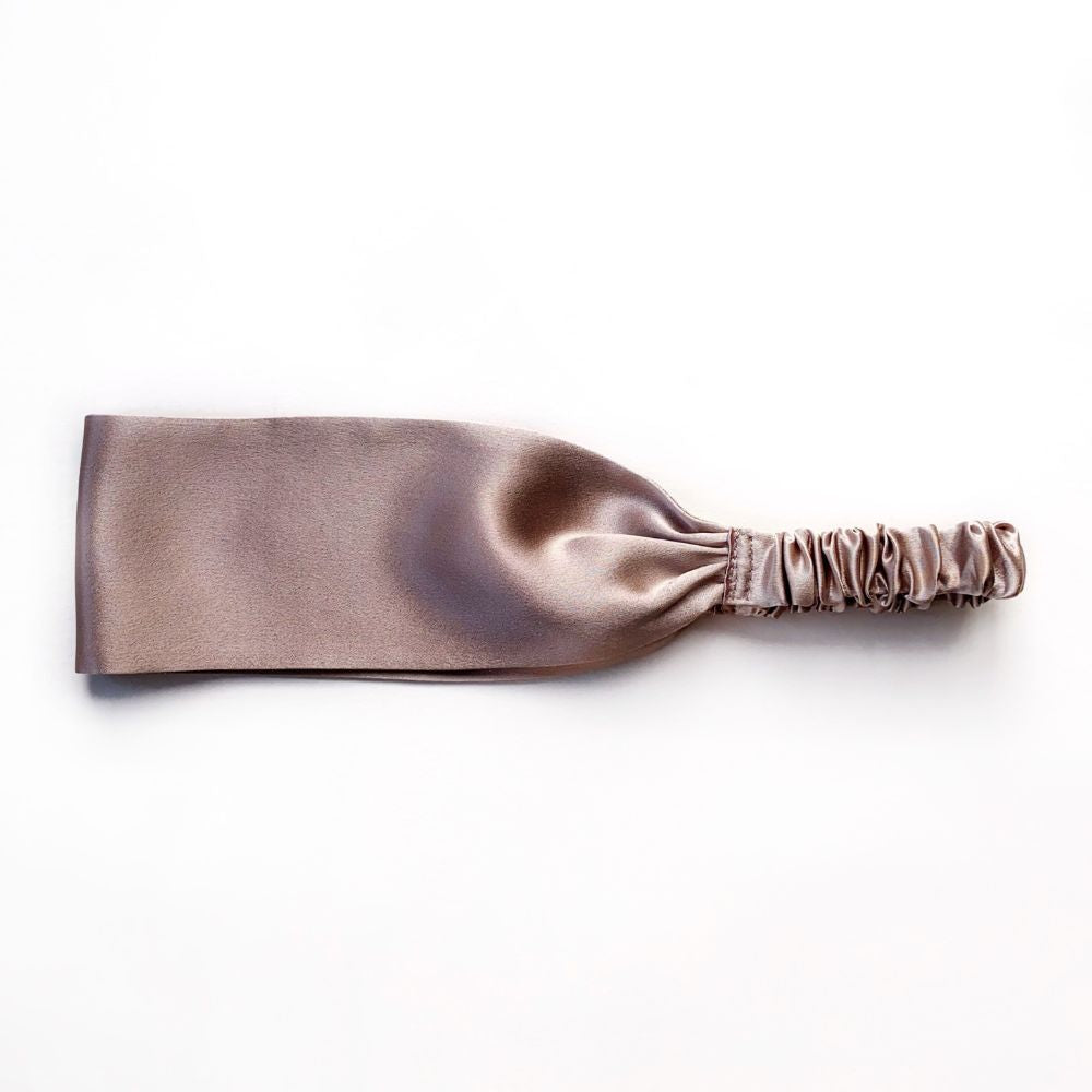 Taupe mulberry silk satin headband on a white background