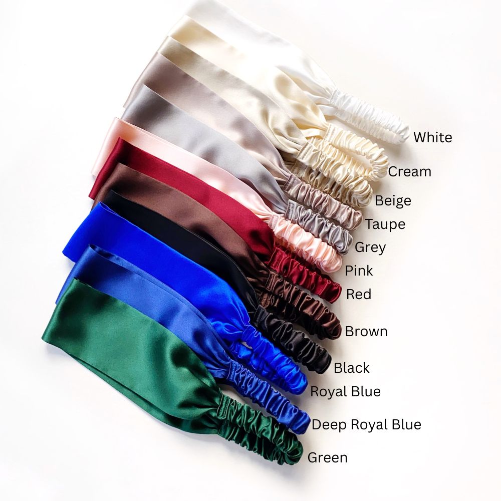 Set of colorful mulberry silk satin headbands with labeled colors on a white background