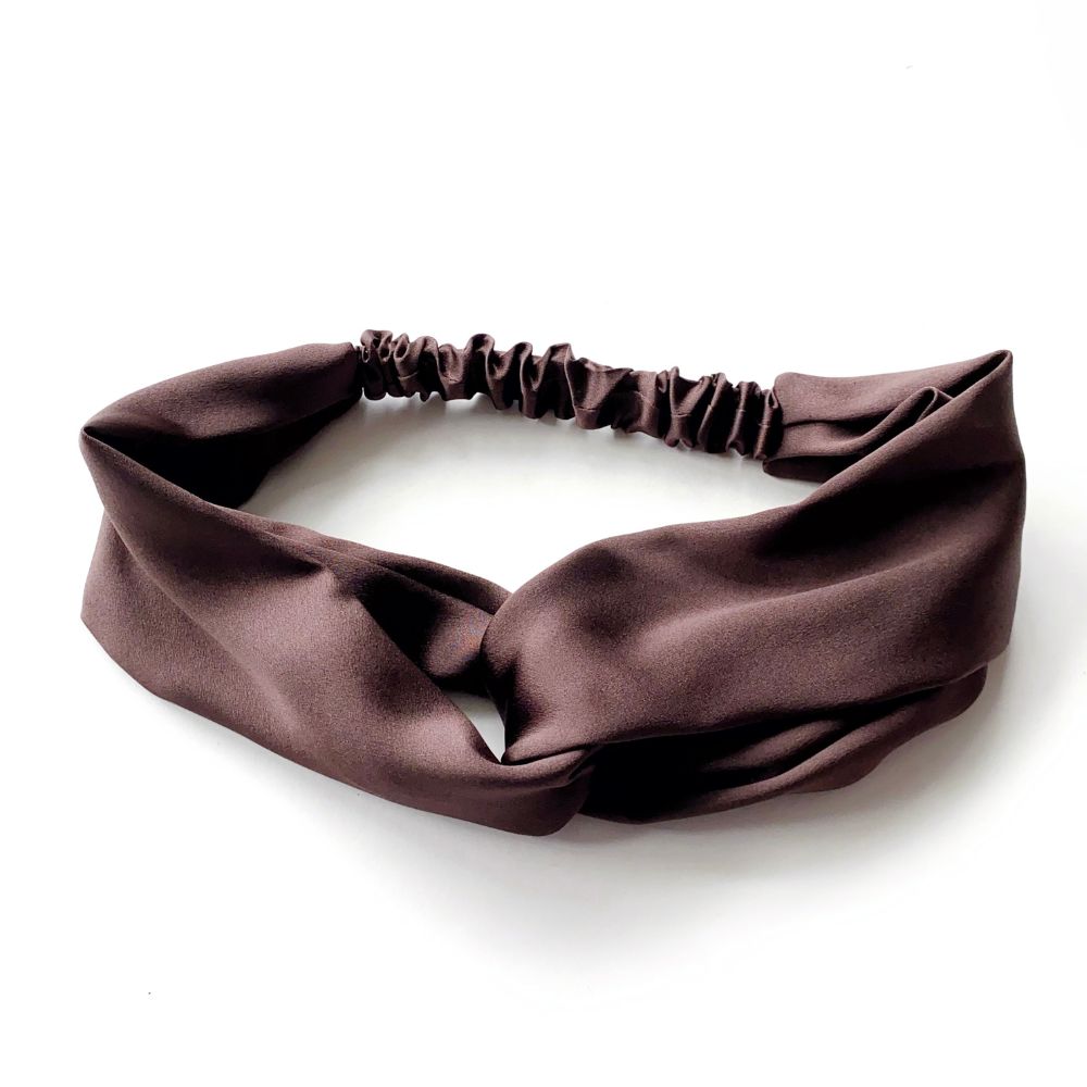 chocolate brown twisted mulberry silk satin headband with elastic back