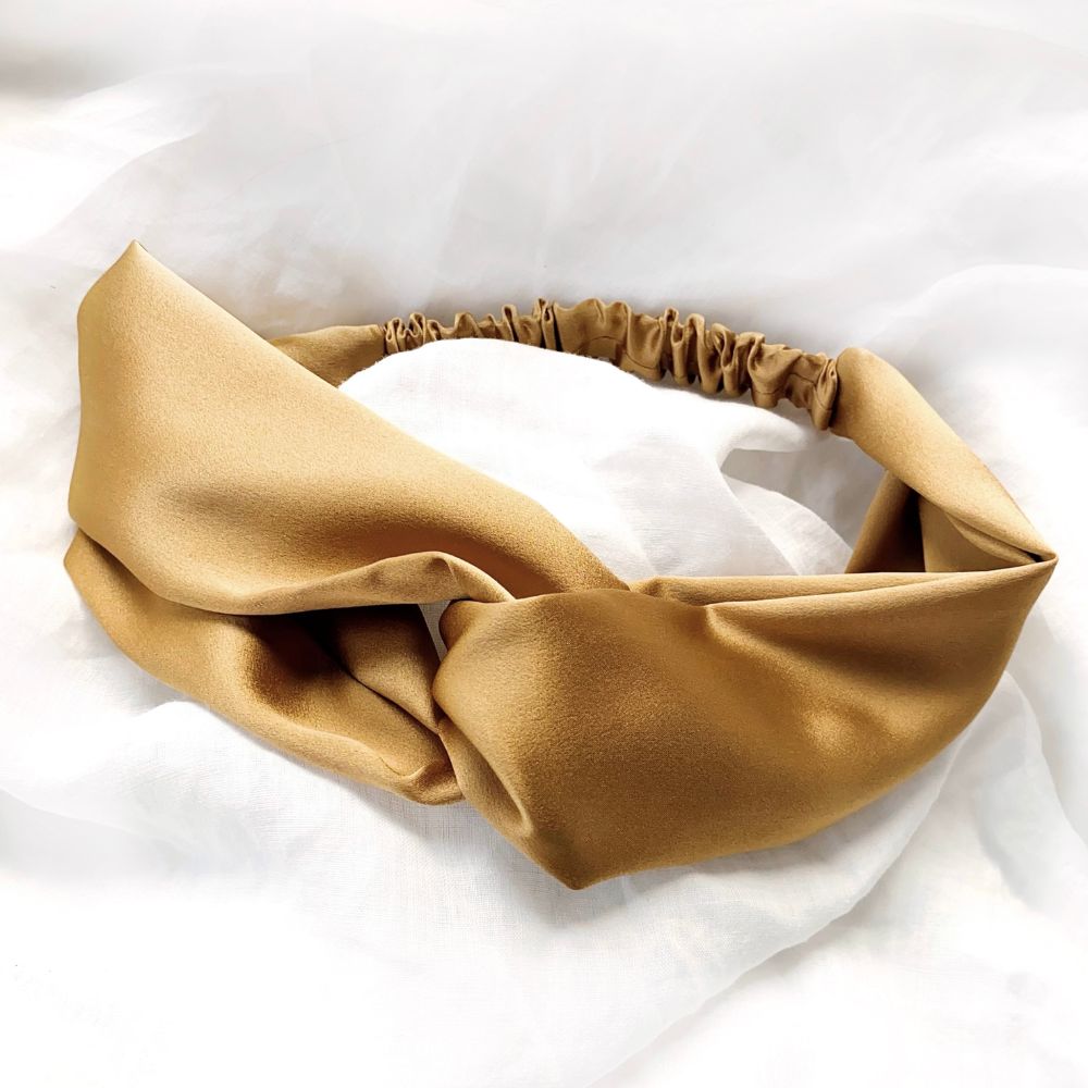 copper brown twisted mulberry silk satin headband 