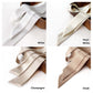Collage of four mulberry silk satin skinny scarf ribbons with name labels on a white background.
