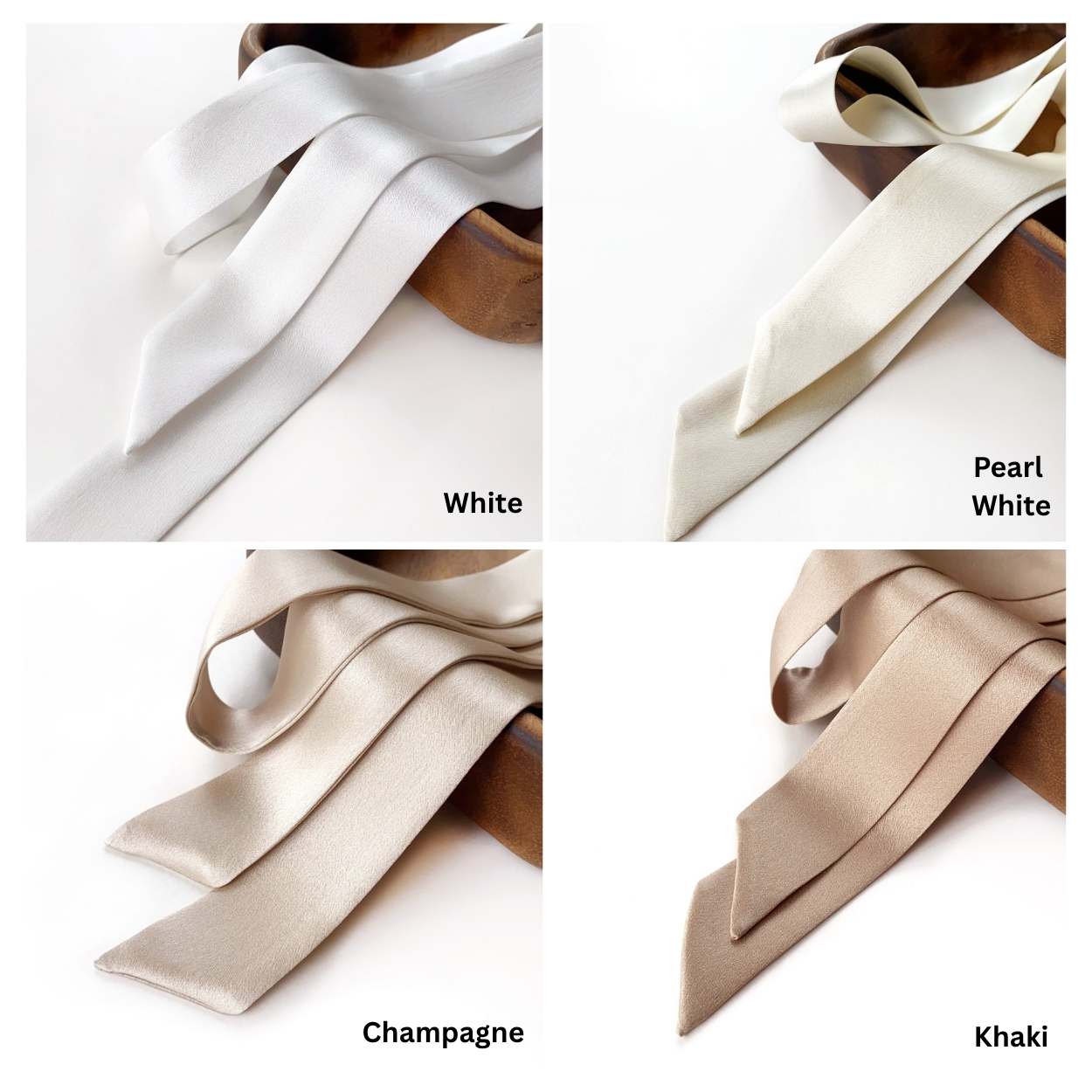 Collage of four mulberry silk satin skinny scarf ribbons with name labels on a white background.