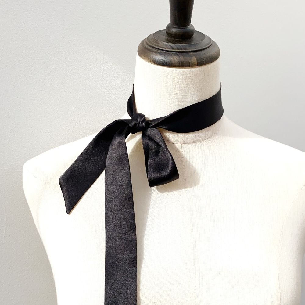 black mulberry silk satin skinny scarf