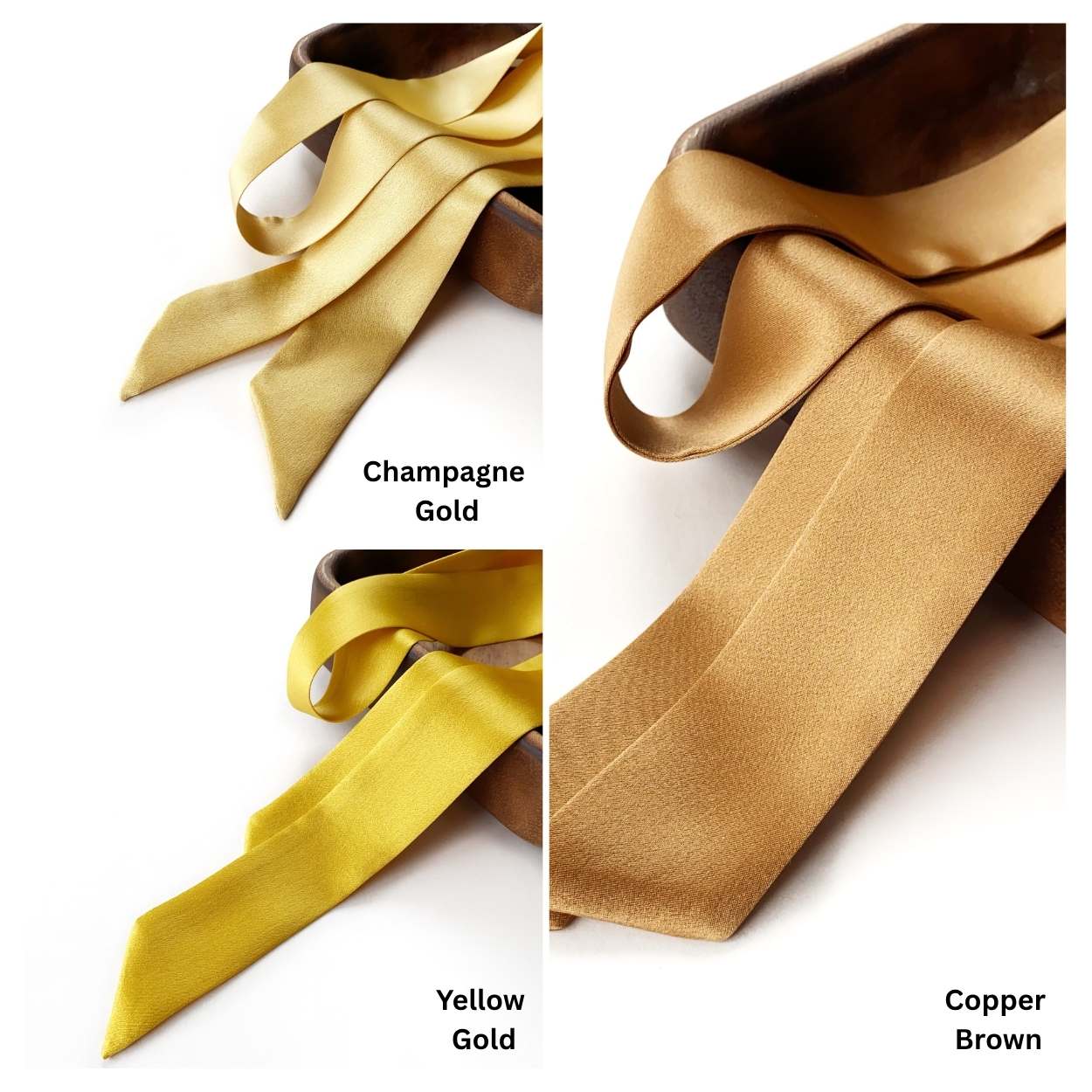 Three gold mulberry silk skinny scarves labeled 'Champagne Gold', 'Yellow Gold', and 'Copper Brown' on a white background.