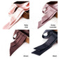 Collage of four mulberry silk satin skinny scarf ribbons with name labels on a white background.