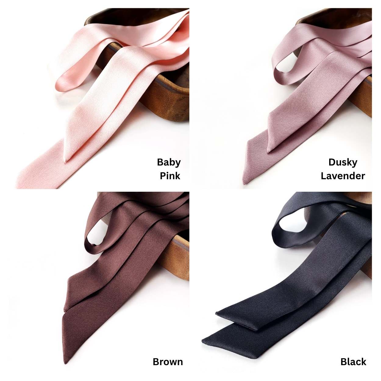 Collage of four mulberry silk satin skinny scarf ribbons with name labels on a white background.