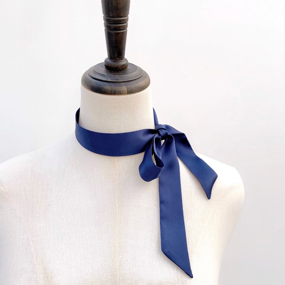 navy blue mulberry silk skinny scarf