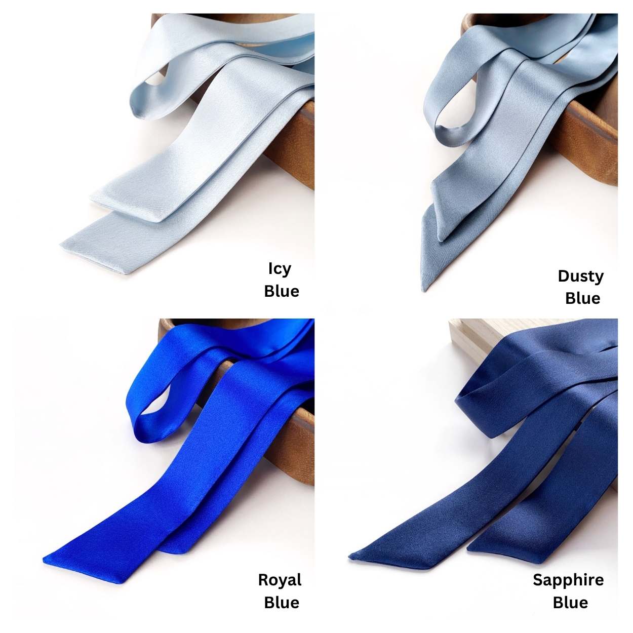 Collage of four mulberry silk satin skinny scarf ribbons with name labels on a white background.