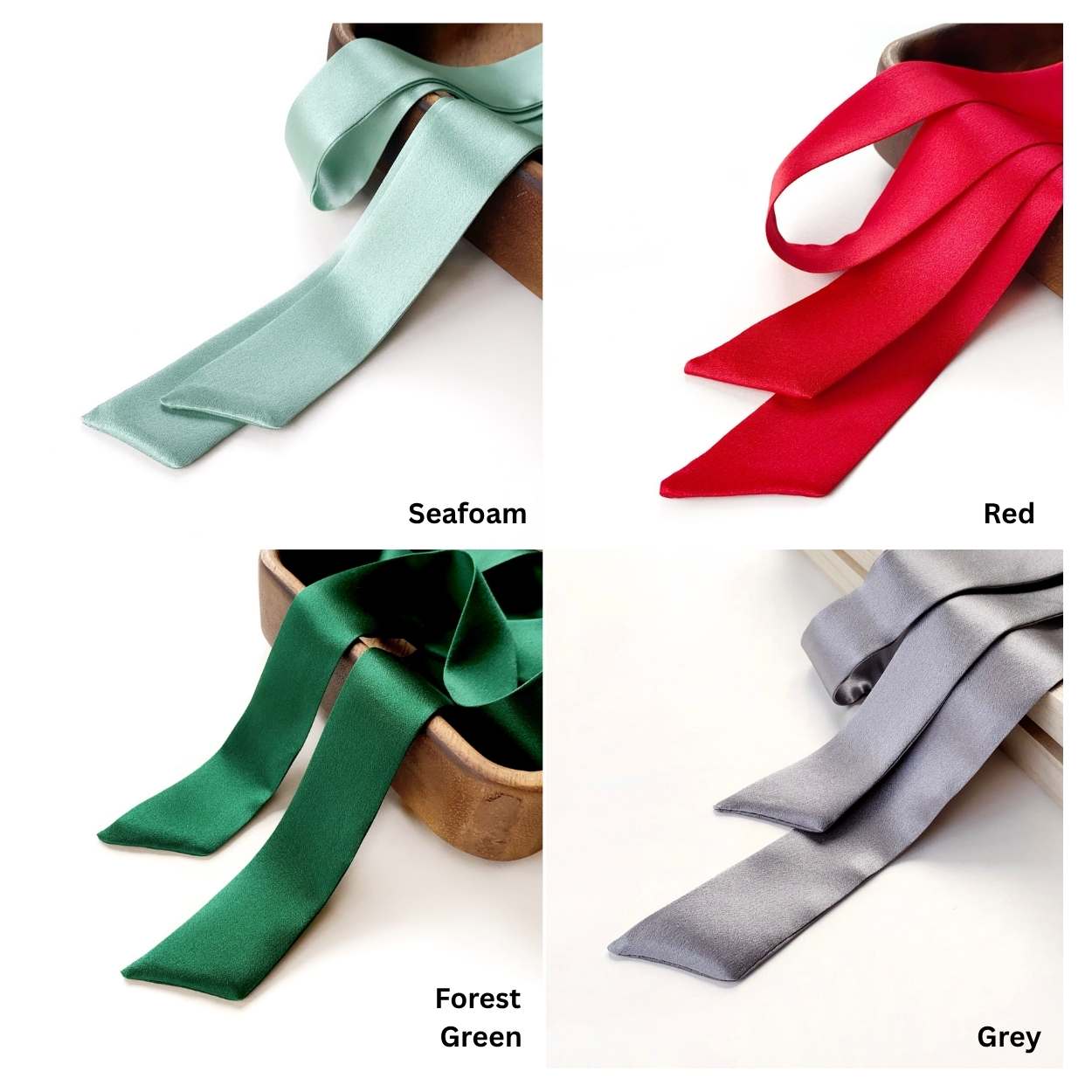 Four different colored mulberry silk skinny scarf ribbons (Seafoam, Red, Forest Green, Grey) displayed in a split-screen format.