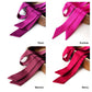 Collage of four mulberry silk satin skinny scarf ribbons with name labels on a white background.