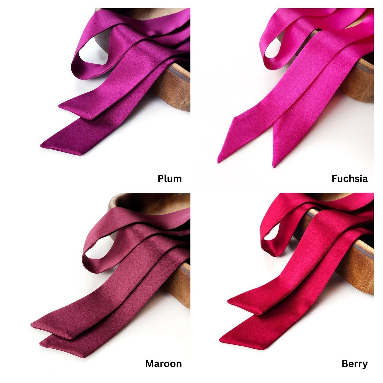 Collage of four mulberry silk satin skinny scarf ribbons with name labels on a white background.