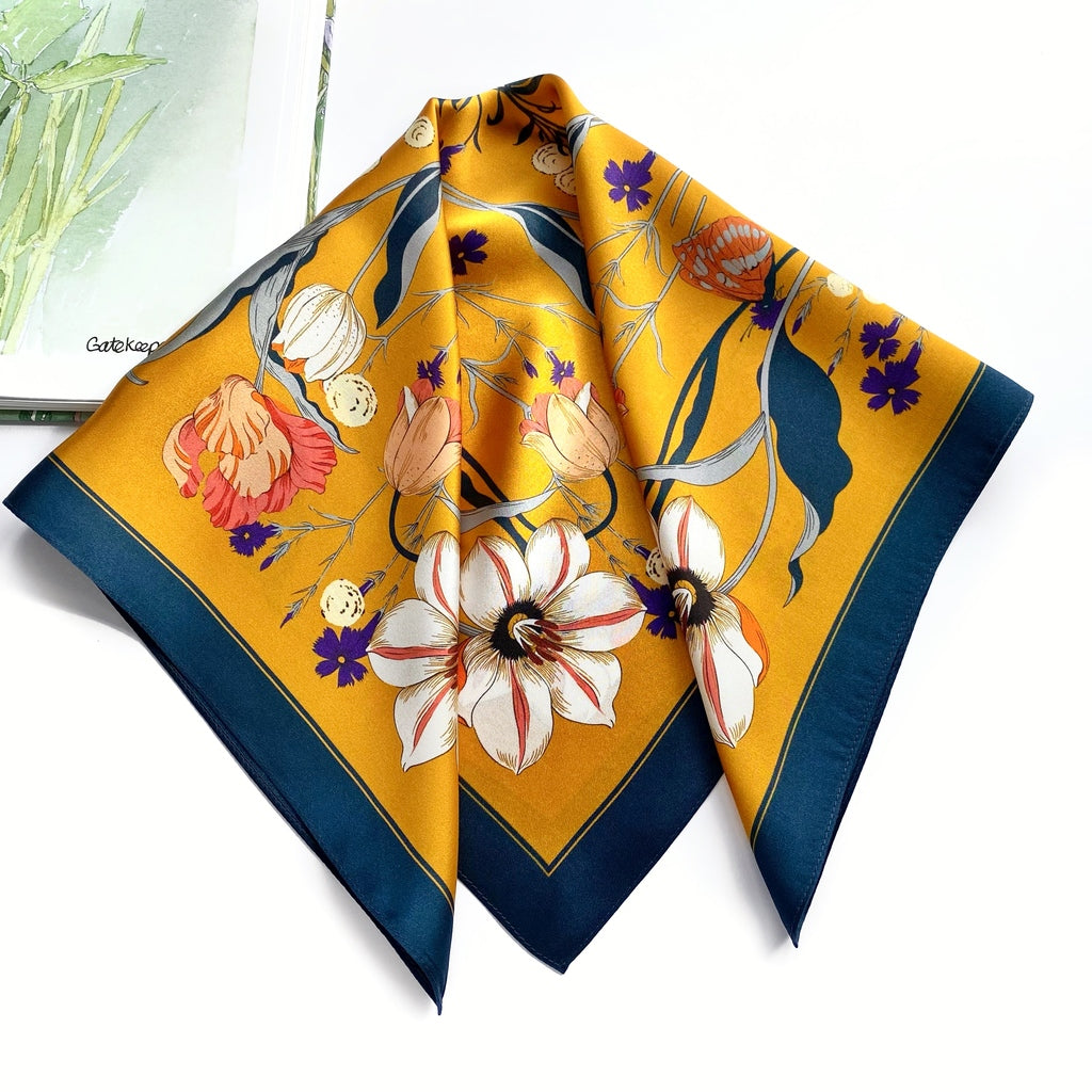 Mustard yellow floral print silk scarf