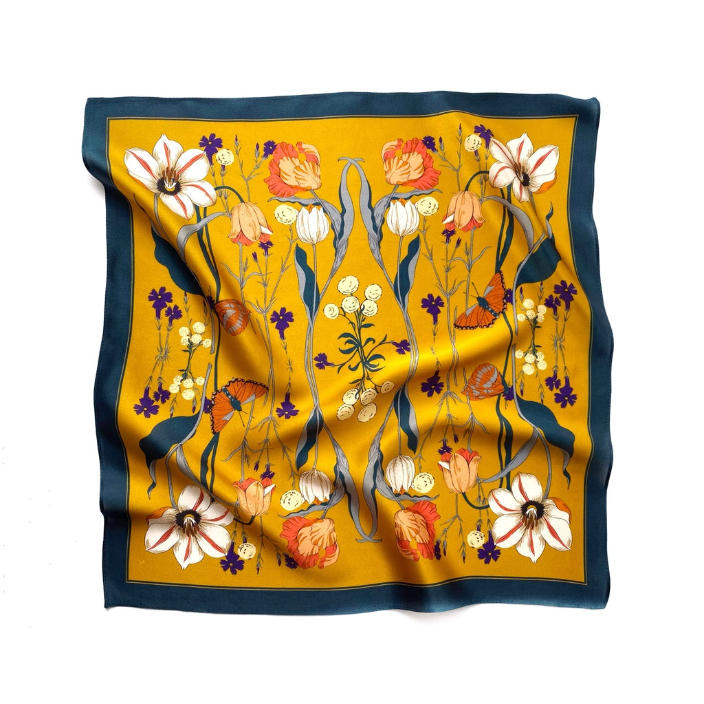 Mustard yellow floral print silk scarf