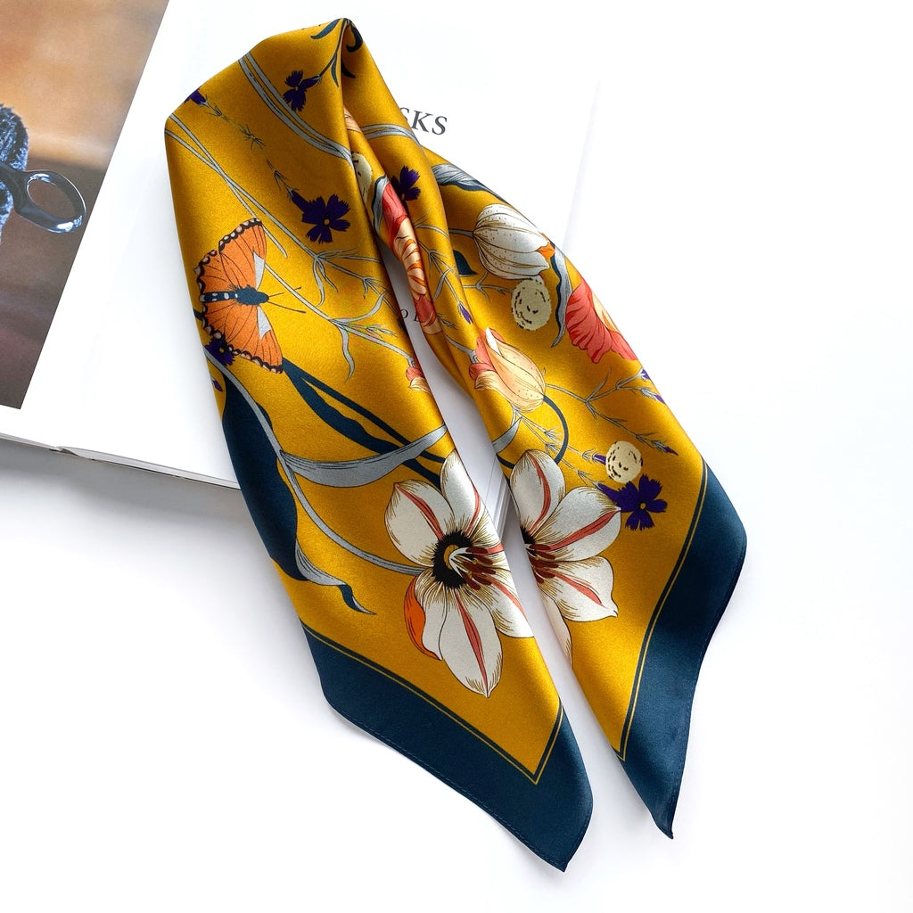 Mustard yellow floral print silk scarf