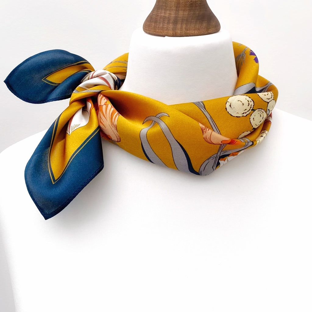 Mustard yellow floral print silk scarf