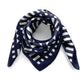 Navy blue and white geometric mulberry silk square scarf on a white background